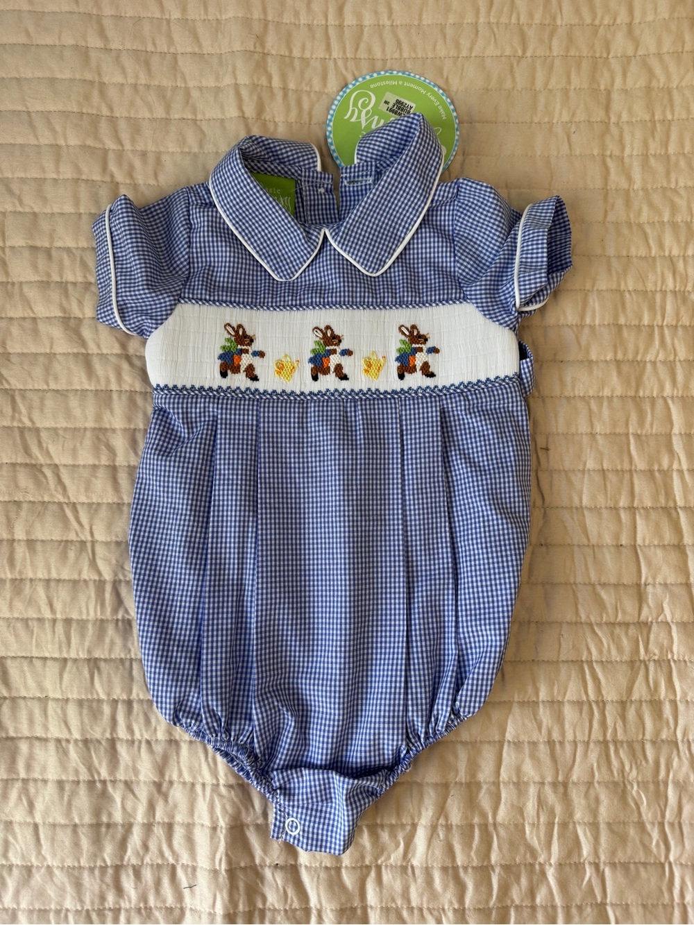 NWT Classic Whimsey Blue Gingham Smocked Bunny Bubble Romper Size 3m